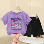 K-pop Girls Summer Casual Outfit Short Sleeve Top and Elastic Waist Shorts