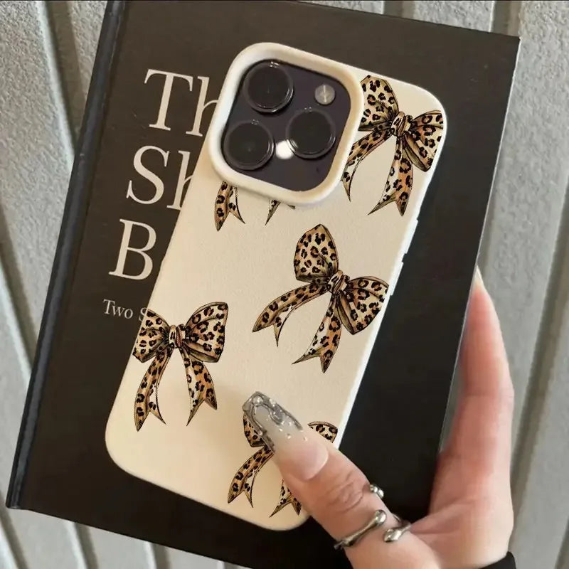 Brown Leopard Bow Lychee Case for iPhone 17 16 15 14 13 Pro Max