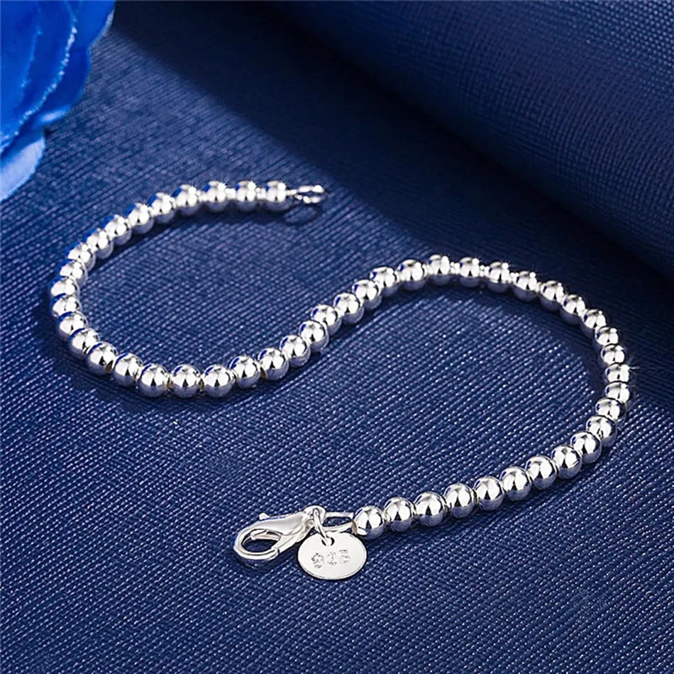 4mm Beads Chain Bracelet 925 Sterling Silver Women Wedding Party Jewellery