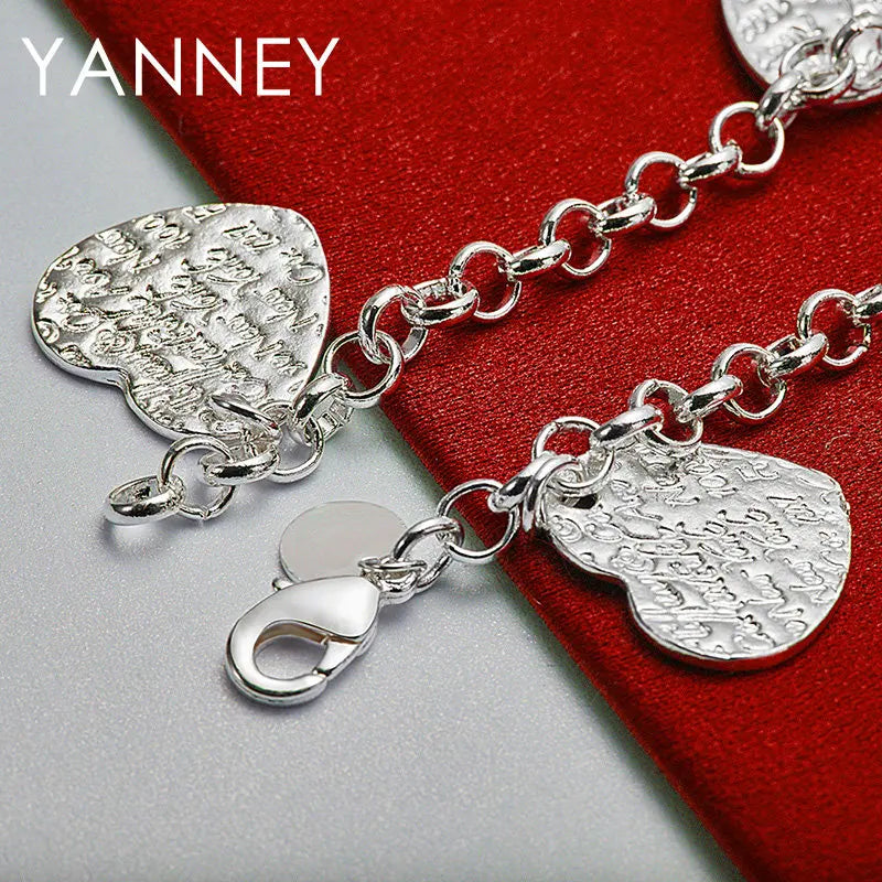 925 Sterling Silver 8-inch 4-Heart Pendant Bracelet Women Wedding Jewellery