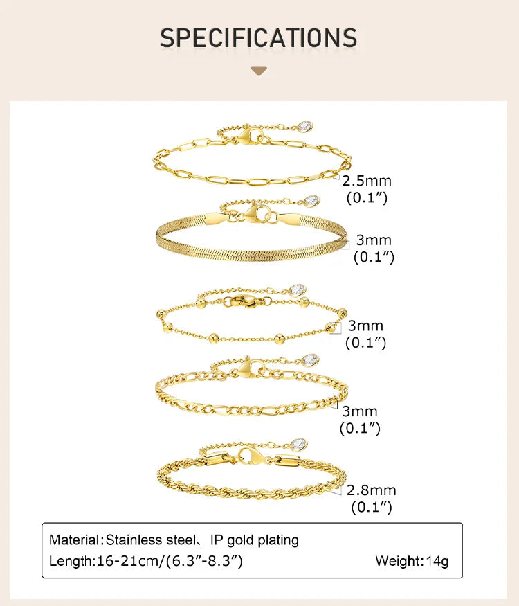 Gold Plated Bracelets Set for Women, 5pcs Chain Link Stainless Steel Statement Bracelet Stackable Layered Jewelry Adjustable