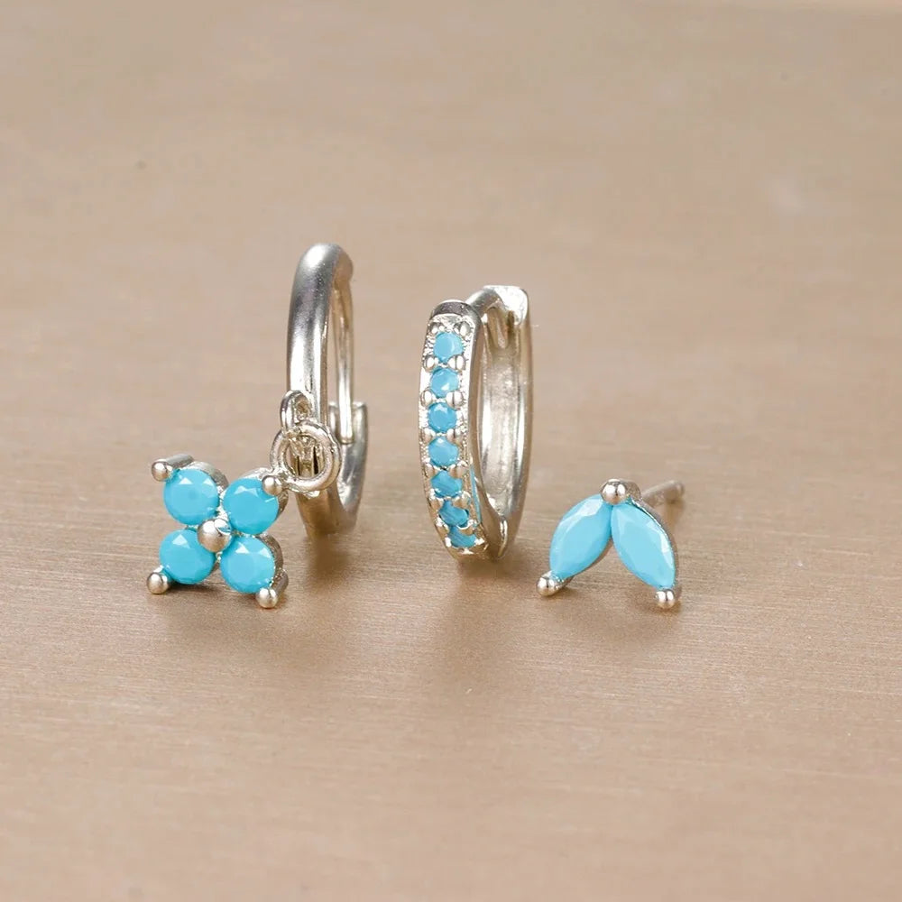 3PCS Trendy Stainless Steel Flower Drop Earring Set Zirconia Dangle