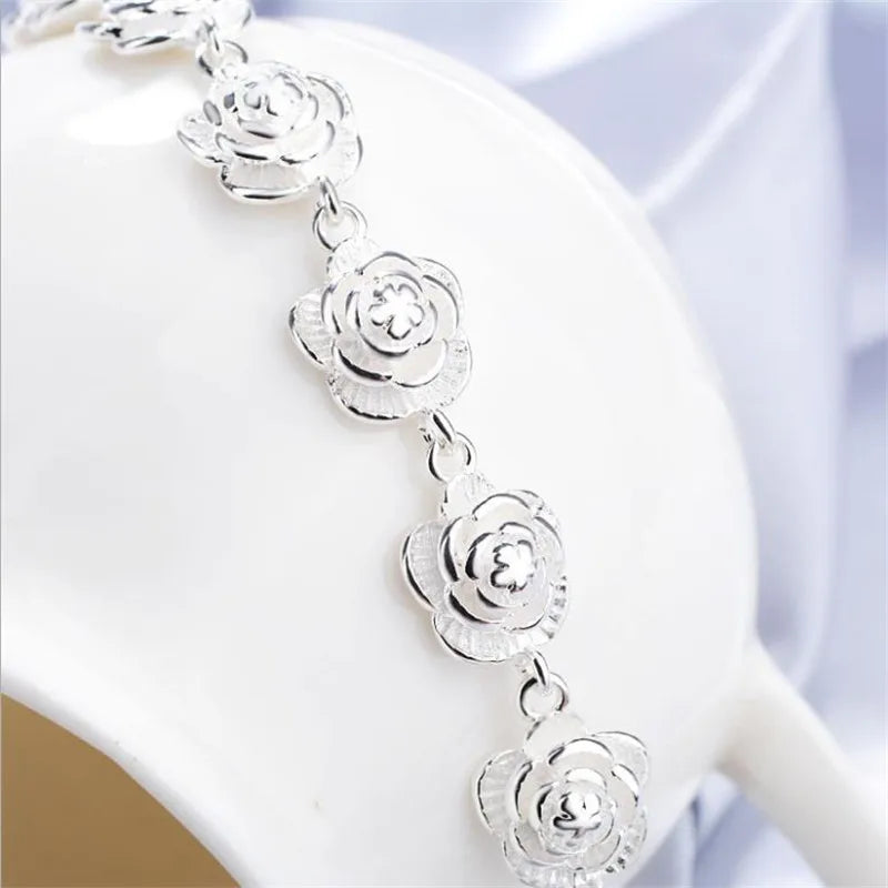 Rose Flower Chain Bracelet 925 Sterling Silver Women Pretty Wedding Jewellery