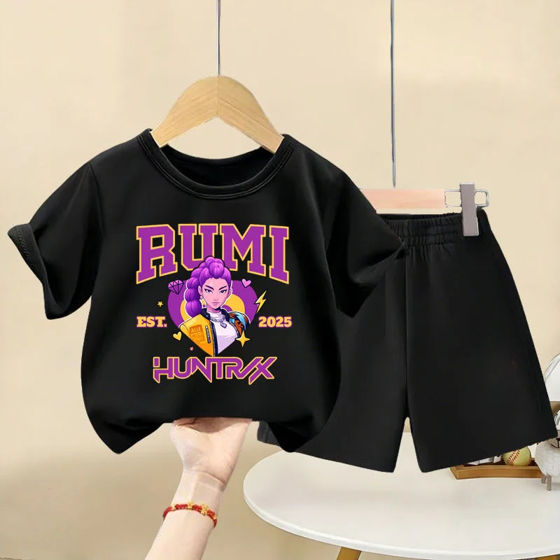 K-pop Girls Summer Casual Outfit Short Sleeve Top and Elastic Waist Shorts
