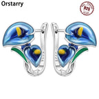 925 Sterling Silver Blue Horseshoe Lotus Ear Studs Hoop Earrings Trendy Gift