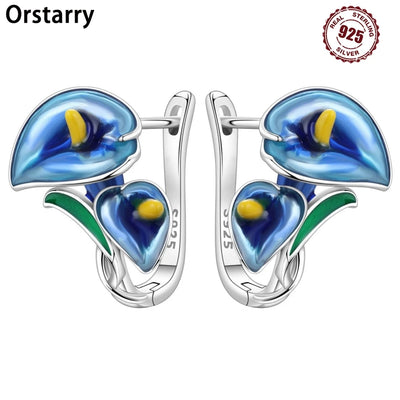 925 Sterling Silver Blue Horseshoe Lotus Ear Studs Hoop Earrings Trendy Gift