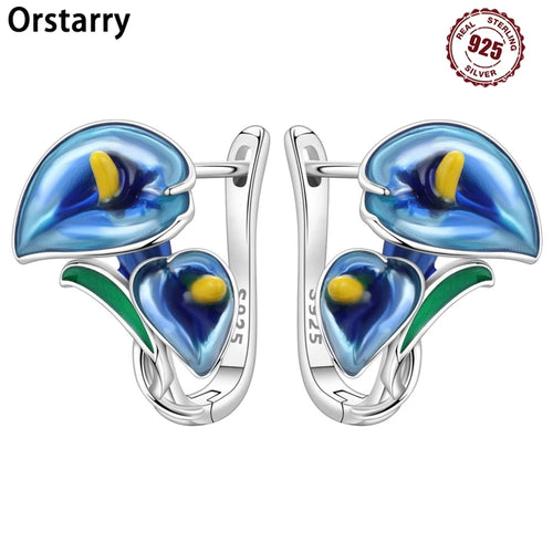 925 Sterling Silver Blue Horseshoe Lotus Ear Studs Hoop Earrings Trendy Gift