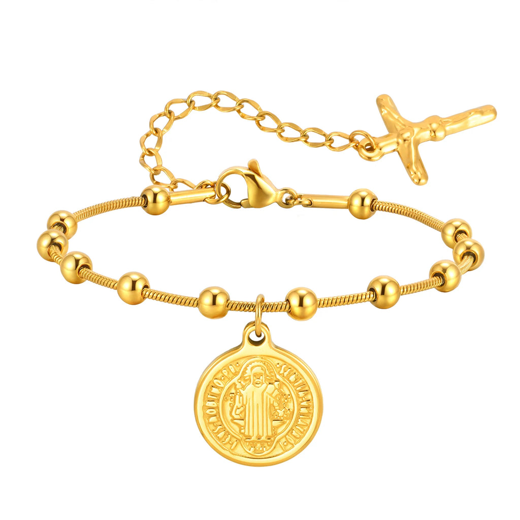 Stainless Steel Virgin Mary St Benedict Cross Bracelet, Bead Chain Bracelet Women Religious Jewelry