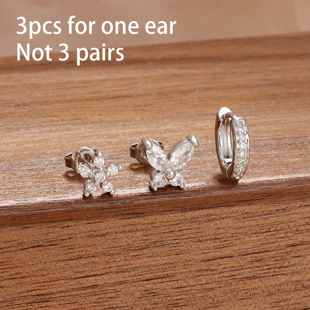 3PCS Korean Stainless Steel Butterfly Crystal Zirconia Hoop Earrings