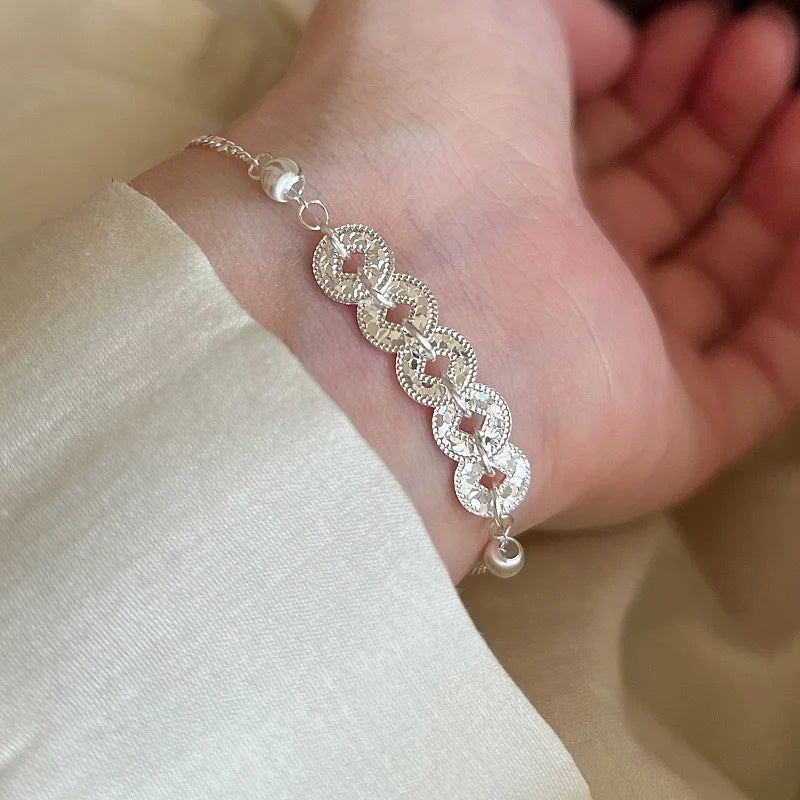 100% Solid 925 Sterling Silver Retro Bracelet for Women Geometric Circle Hollow Handmade Sparkling Simple Bracelet Birthday Gift