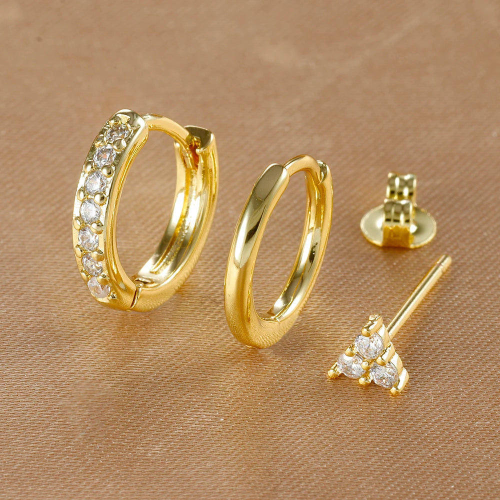 3PCS Stainless Steel CZ Zircon Huggie Hoop Earrings Flower Studs