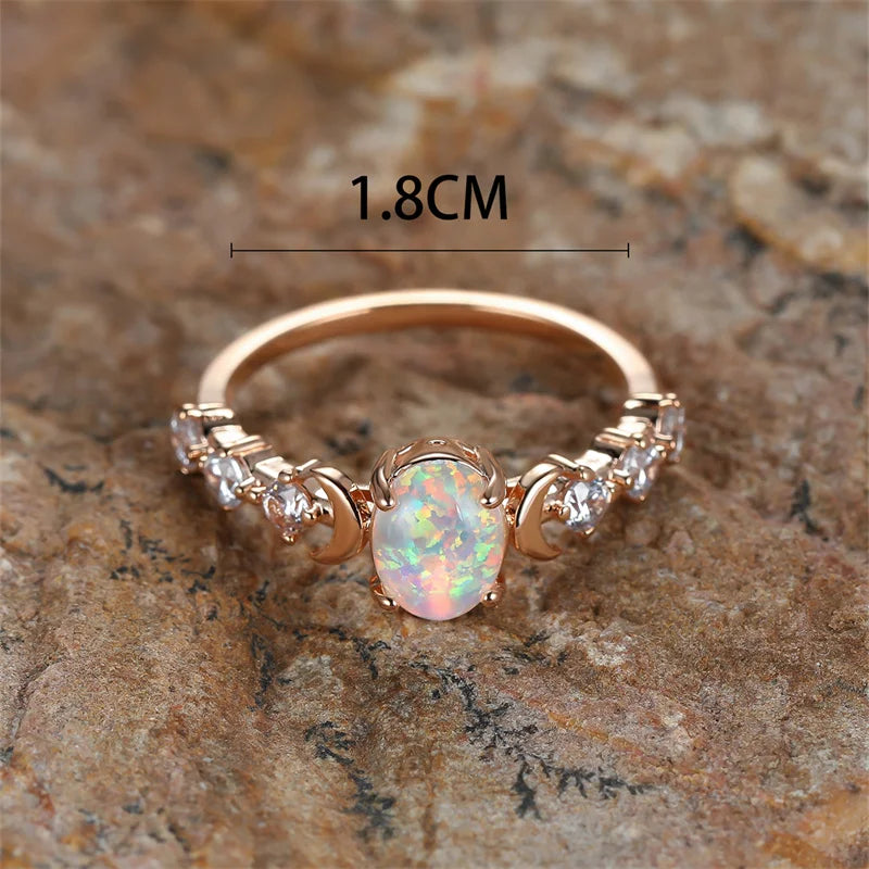 Rainbow White Fire Opal Ring Silver Rose Gold Color Small Moon Rings For Women Wedding Bands Oval Stone Engagement Ring Jewelry