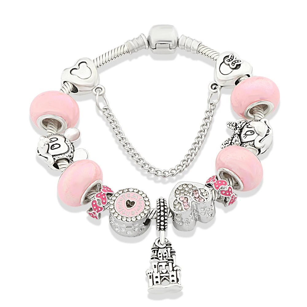 Red Pink Black Crystal Animal Charm Bracelet Heart Mickey Minnie Gift