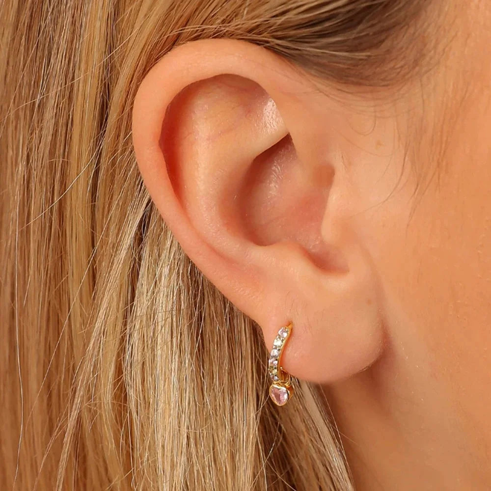 2PCS Luxury Colourful Heart Pendant Earrings Multicolor Zircon Hoops