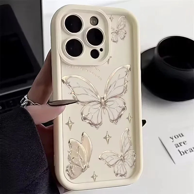 Pink Butterfly Silicone Case for iPhone 17 16 15 14 13 12 11 Pro Max Plus