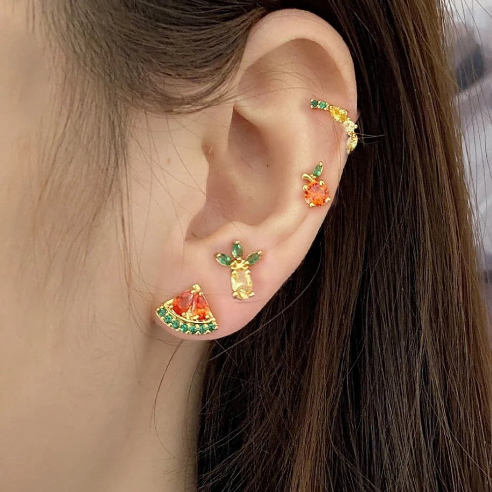 12 Styles Crystal Zircon Mini Fruit Stud Earrings Stainless Steel