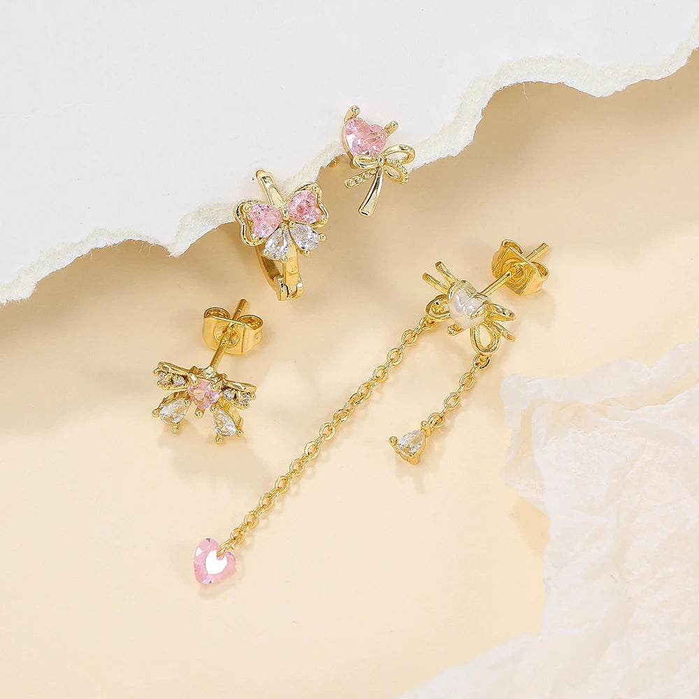 2PCS Pink Zircon Chain Tassel Bowknot Drop Earrings Sweet Pendant