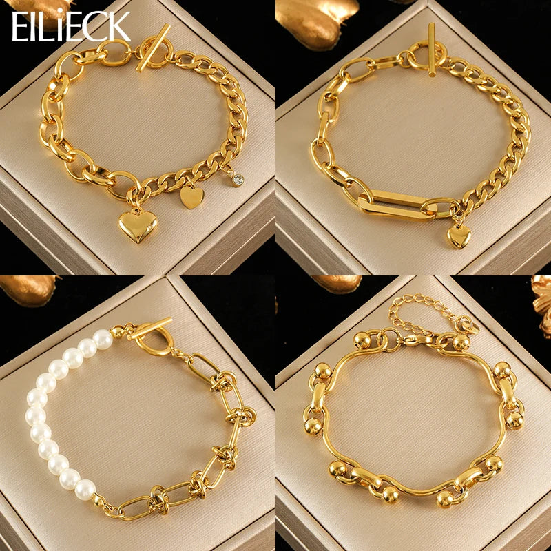 Gold Colour Stainless Steel Bangle 18K Plated Heart Wrist Chain