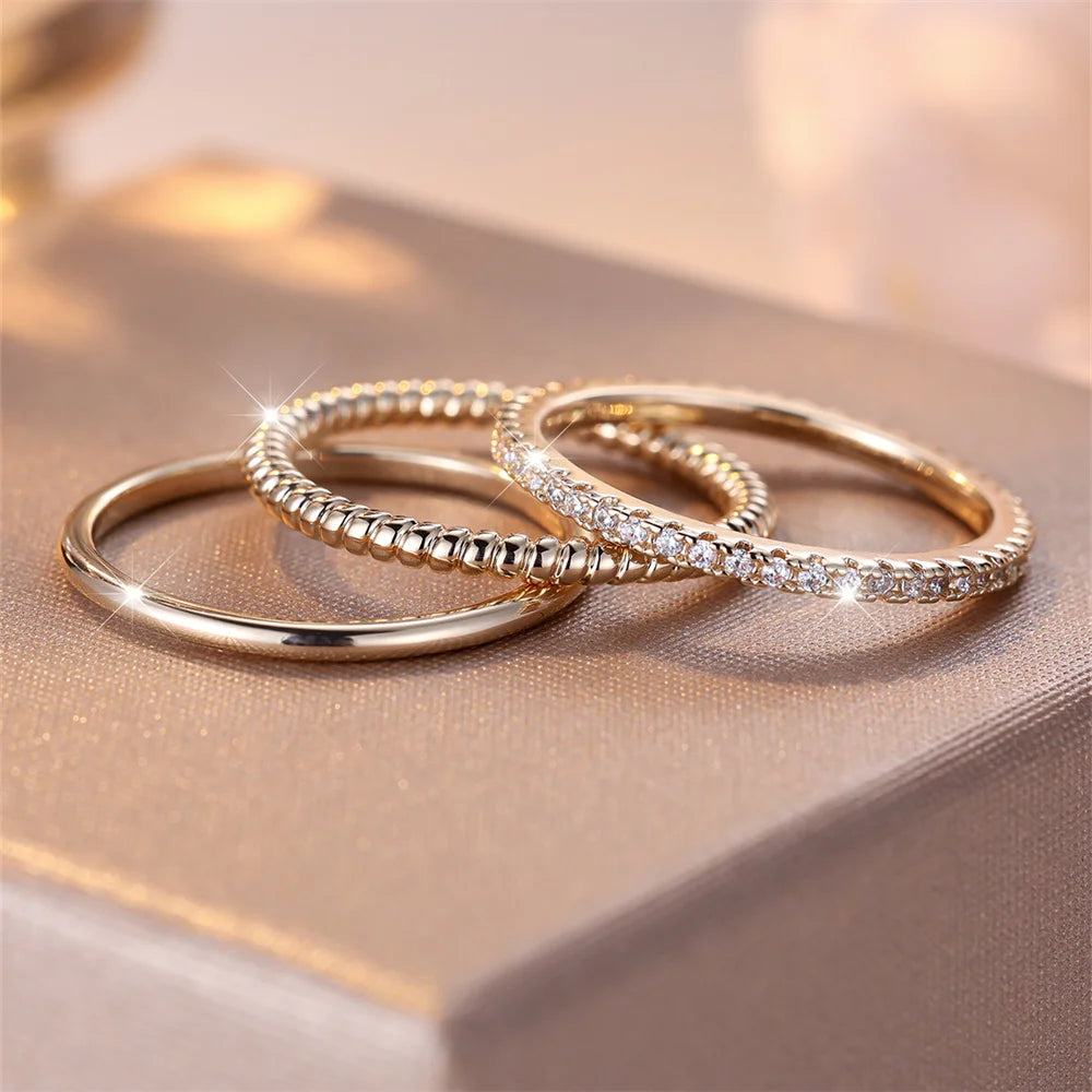 3pcs Minimalist Stacking Thin Ring Sets For Women Gold Color Simple Small White Zircon Wedding Bands Party Ins Finger Jewelry CZ