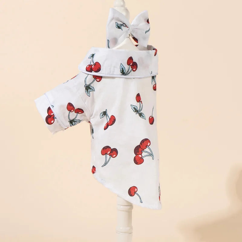 Cherry Print Cat Dog Pajamas Set Soft Warm Sleepsuit with Flower Headband