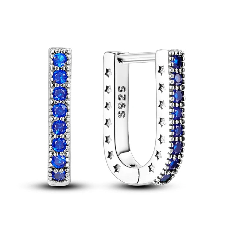 925 Sterling Silver Geometric Minimalist Blue Zircon Circle Hoop Earrings Gift