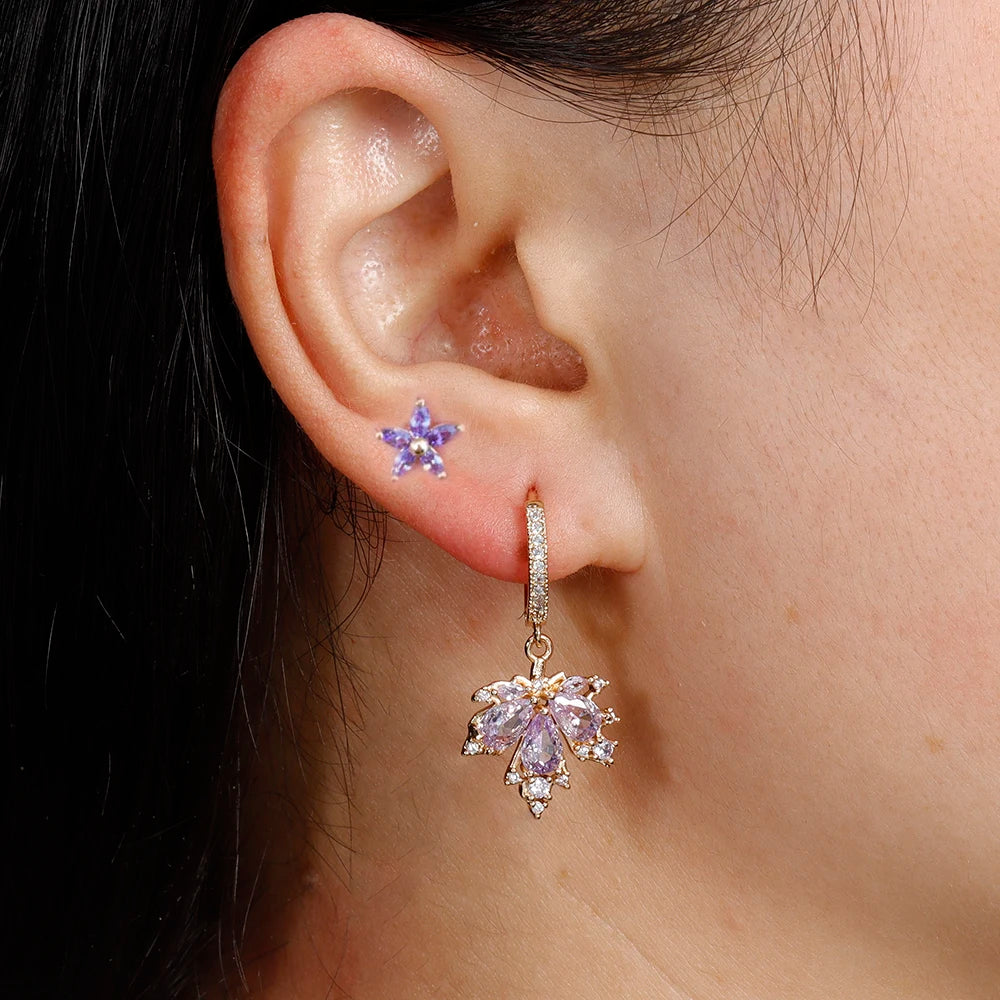 2pcs Vintage Crystal Zircon Maple Leaf Earrings Women Hoop Piercing