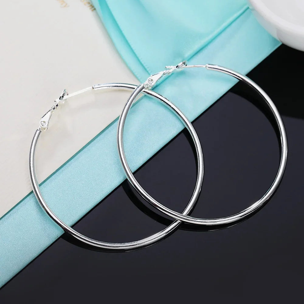 925 Sterling Silver Big Hoop Earrings Women 50/60/70/80mm Wedding Jewellery