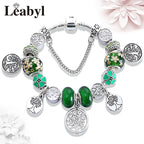 Tibetan Silver Tree of Life Charm Bracelet Green Crystal Flower Bead DIY
