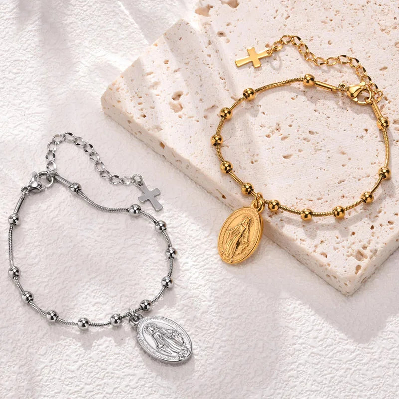 18k Gold Plated Virgin Mary Bracelet Gold Plated, Rosary Bead Cross Bracelets For Women, Stainless Steel Faith Jewelry