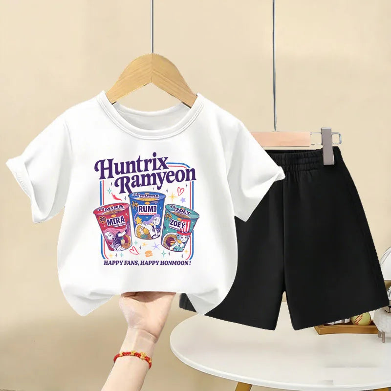 K-pop Girls Summer Casual Outfit Short Sleeve Top and Elastic Waist Shorts