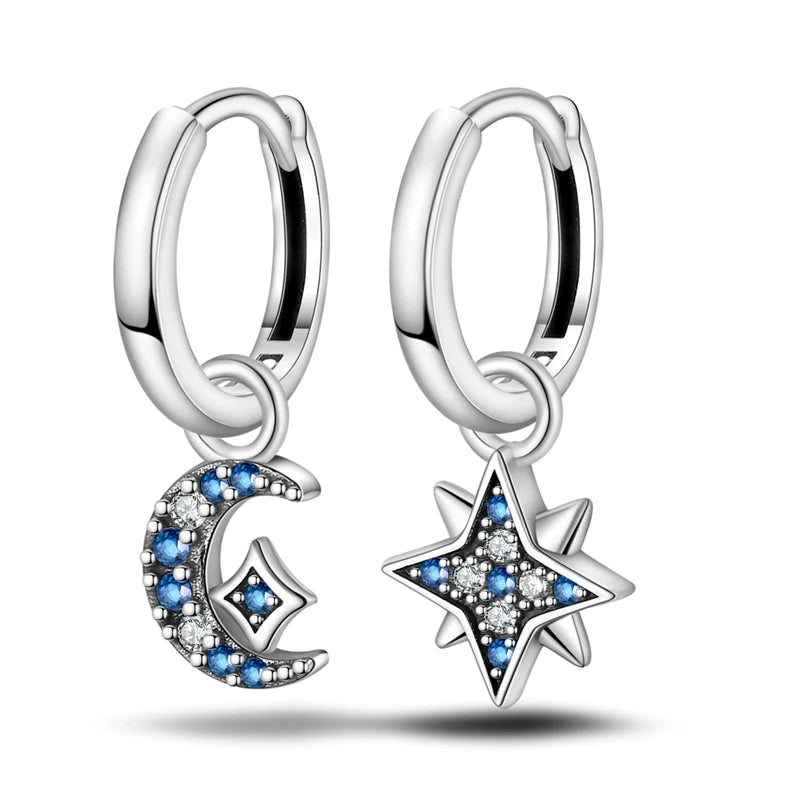 925 Sterling Silver Star Moon Sun Tassel Versatile Hoop Earrings Fine Gift