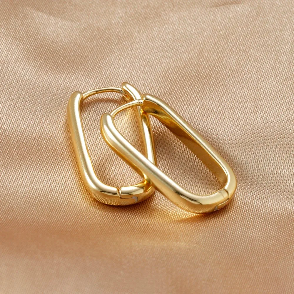 2PCS Gold Colour Square Stainless Steel Hoop Earrings Minimalist Punk