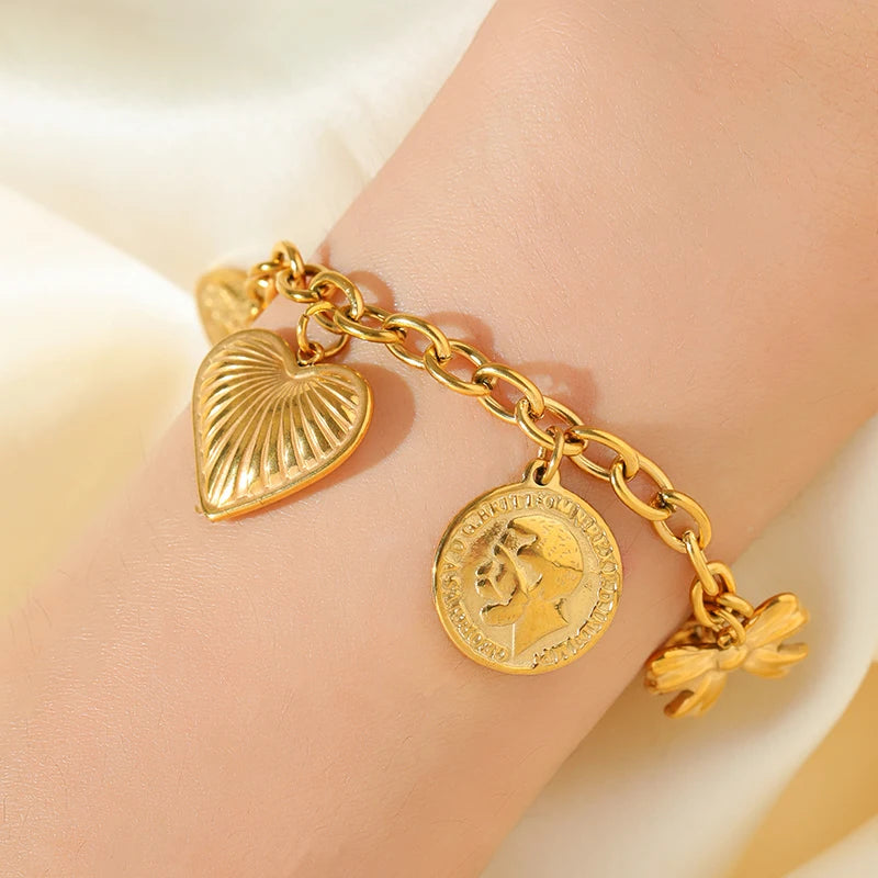 Golden Sun Moon Starfish Stainless Steel Bracelet Handmade Wrist Chain