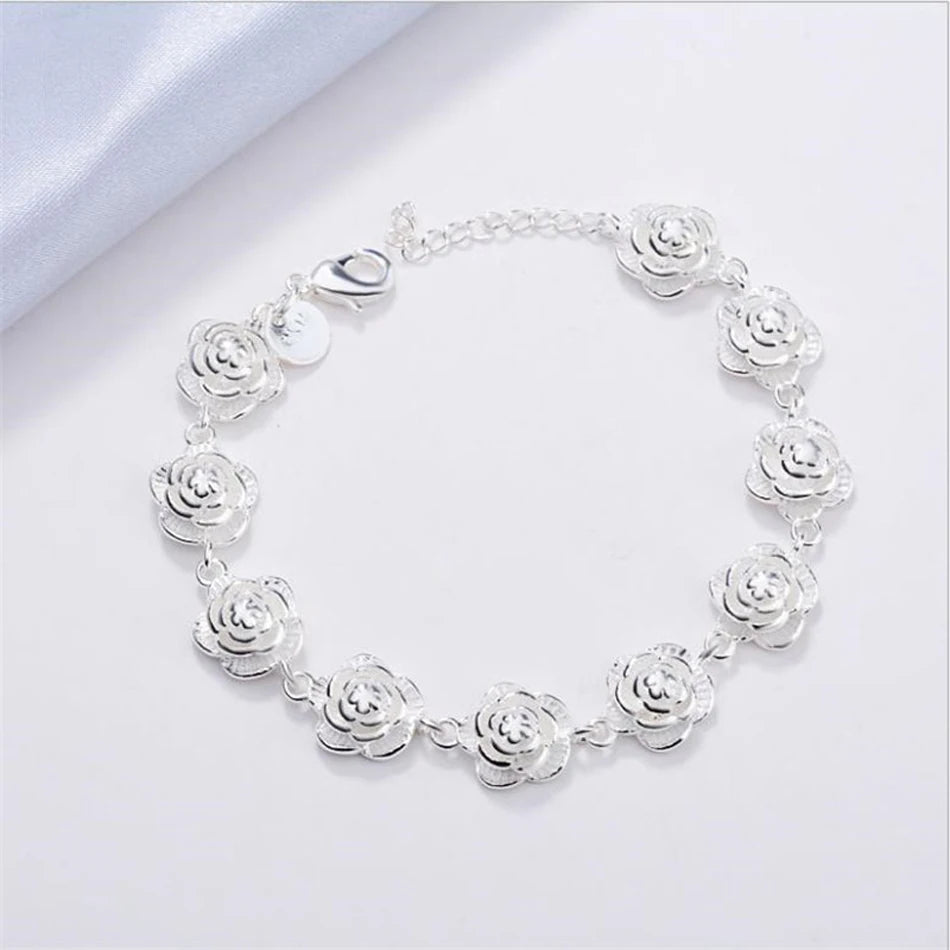 Rose Flower Chain Bracelet 925 Sterling Silver Women Pretty Wedding Jewellery