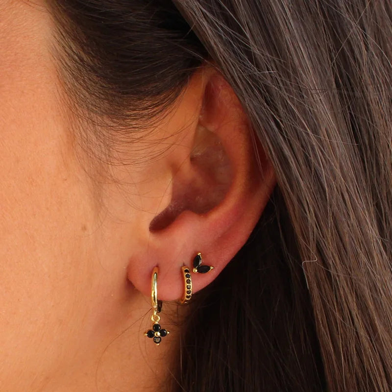 3PCS Exquisite Green Zircon Hanging Earrings Stainless Steel Flower