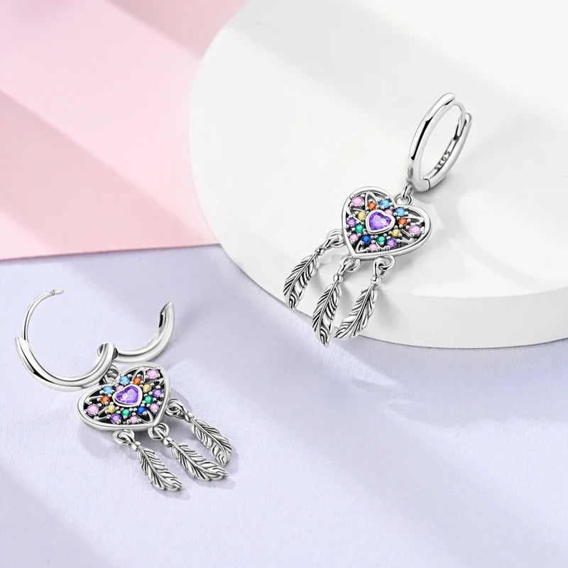 925 Sterling Silver Heart Dreamcatcher Drop Earrings Fashion Versatile Gift