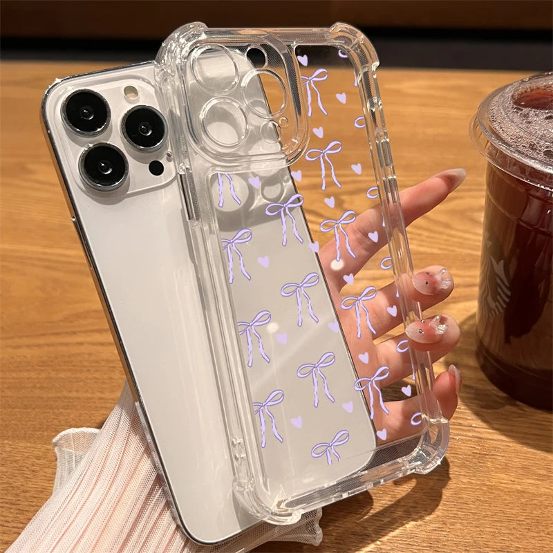 Colourful Bow Print Clear Case for iPhone 16 15 14 13 12 Pro Max SE