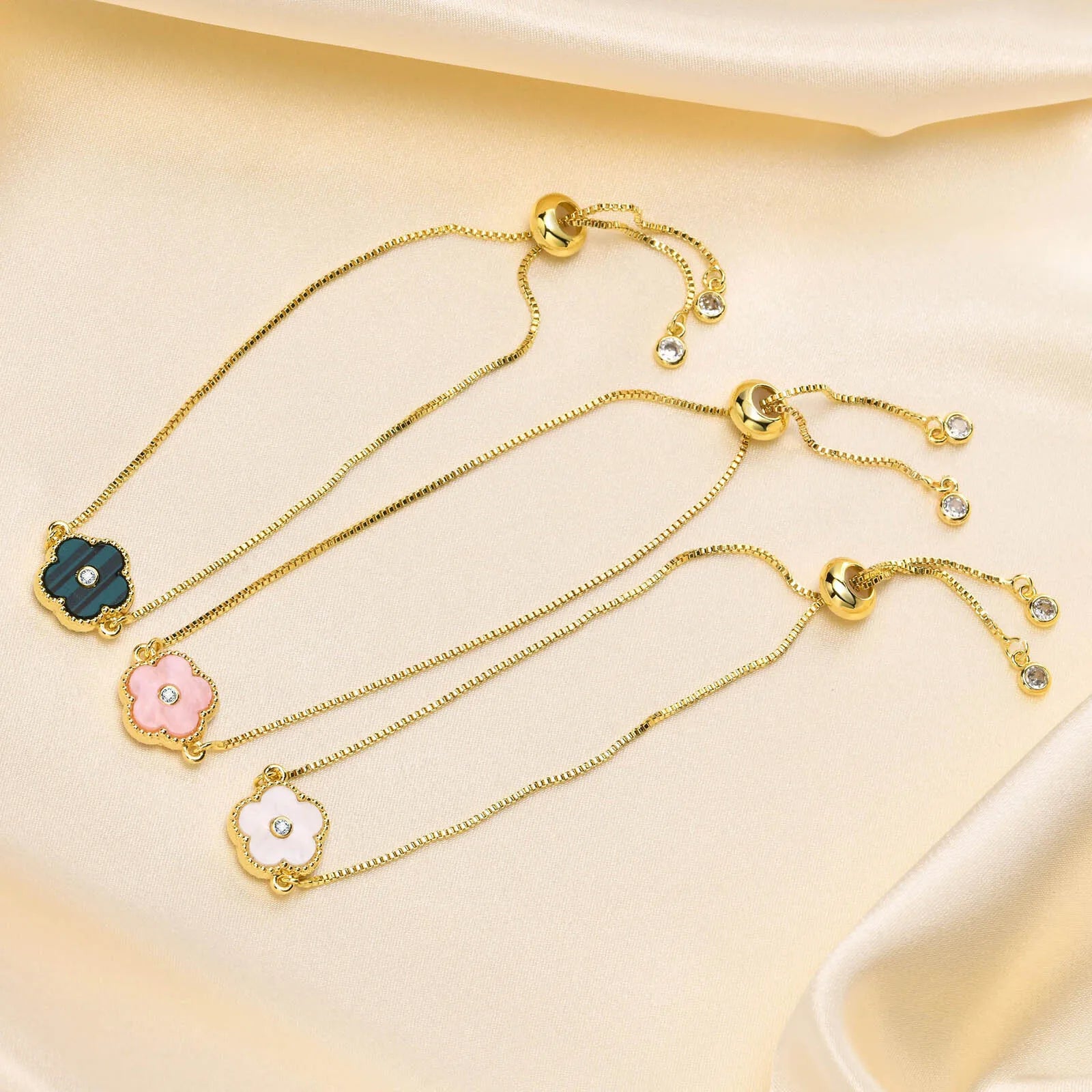 Stainless Steel Leaf Flower Bracelet Adjustable Woman Girl AAA Zirconia Inlay Christmas Gift