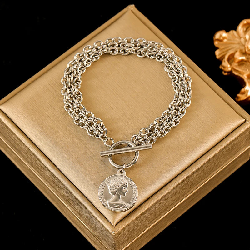 Stainless Steel Coins Heart Charm Bracelet Gold Silver Colour Wrist Chain