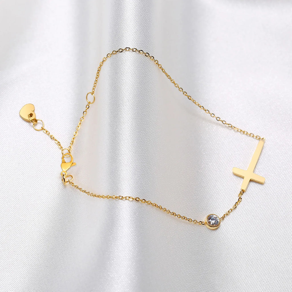 Birthstone Zirconia Thin Chain Link Cross Bracelet Stainless Steel Women's Adjustable Link Stacked Layered Chain Bracelets