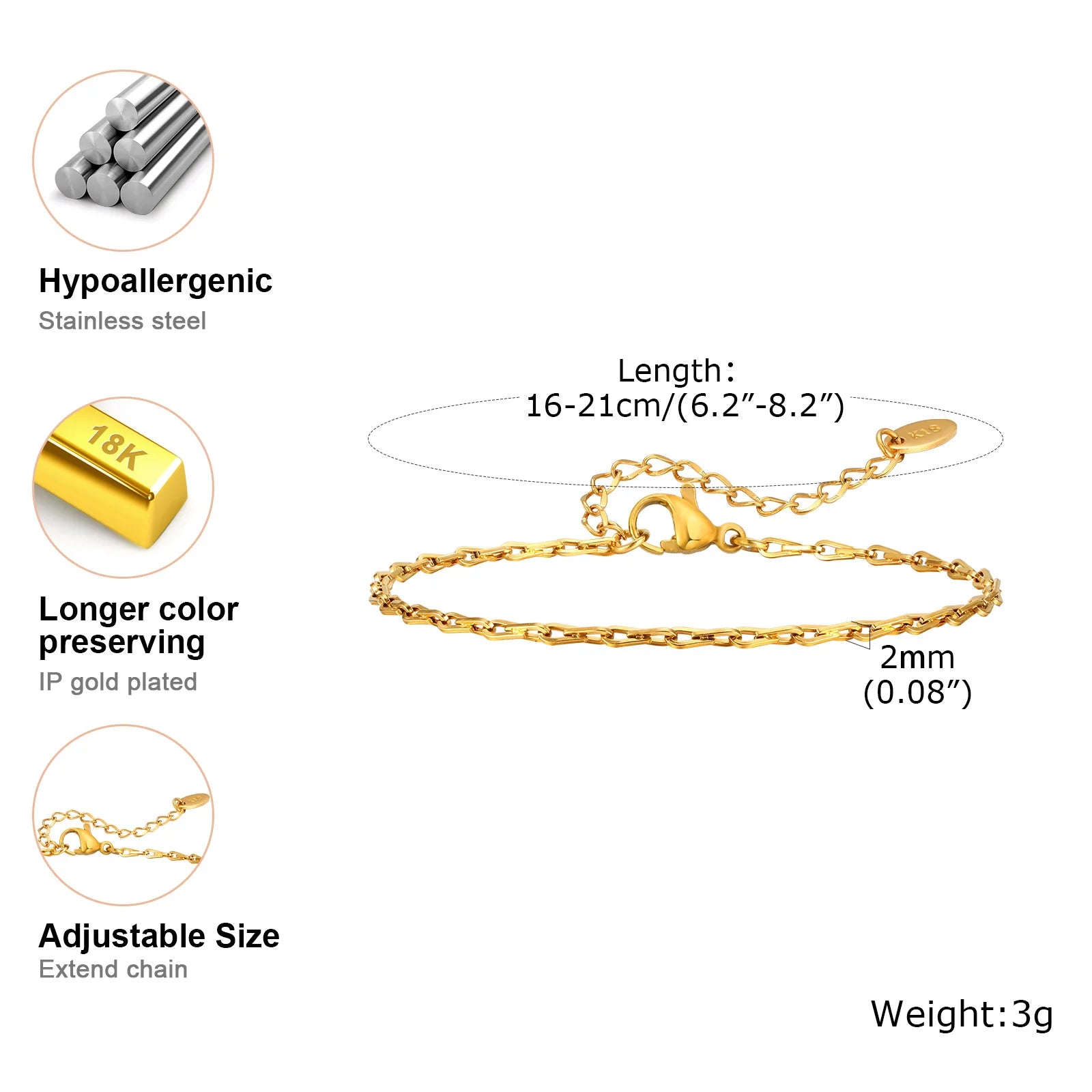 Gold Plated Link Bracelet for Women, Stainless Steel Stackable Chain Wristband, Adjustable Waterproof Jewelry