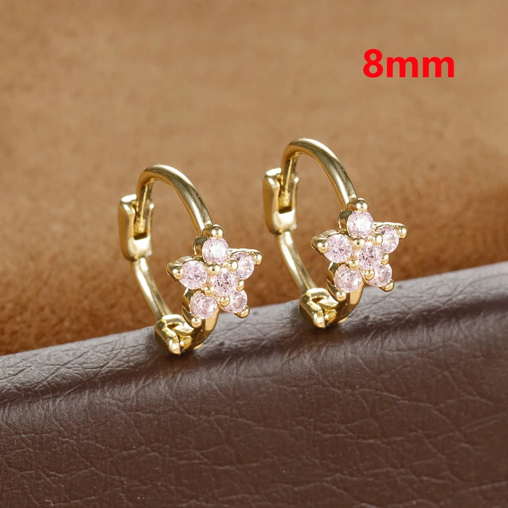 2PCS Huggies Hoop Earrings Stainless Steel Crystal Zirconia Flower