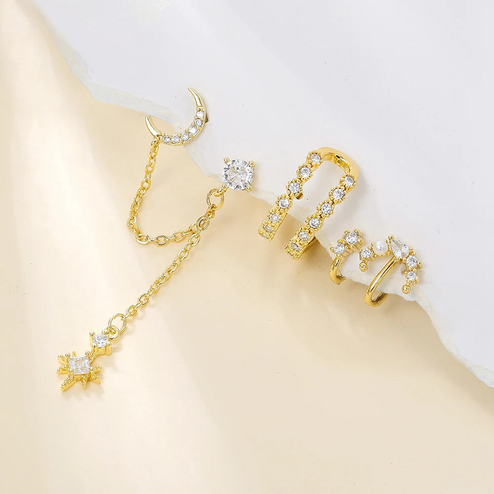 New Stainless Steel Cubic Zirconia Star Moon Dangle Chain Earrings