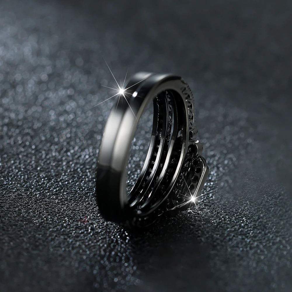 Vintage Square Black Stone Ring Set Female Black Gold Color Zircon Wedding Party Rings For Women Stacking Couple Finger Jewelry