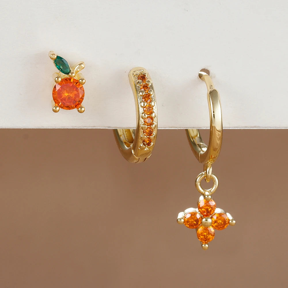 3PCS Stainless Steel Orange Zirconia Flower Pendant Hanging Earrings Set