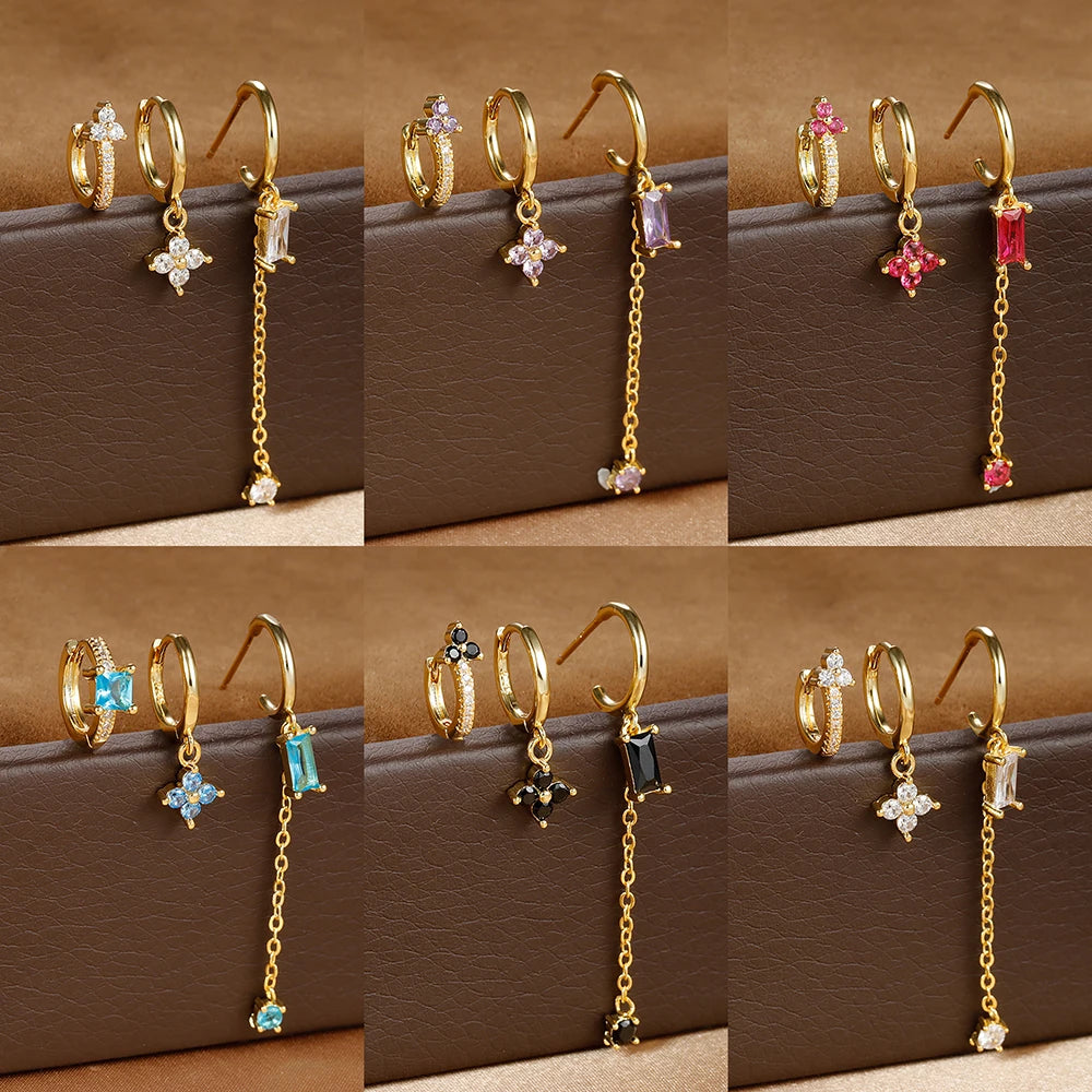 3PCS New Trend Stainless Steel Square Long Piercing Earring Set