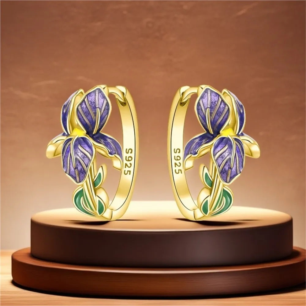 925 Sterling Silver Iris Flower Versatile Hoop Earrings Original Party Gift