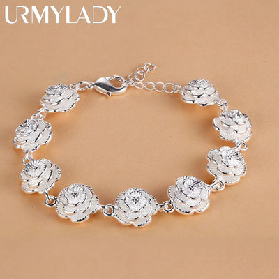 Rose Flower Chain Bracelet 925 Sterling Silver Women Pretty Wedding Jewellery