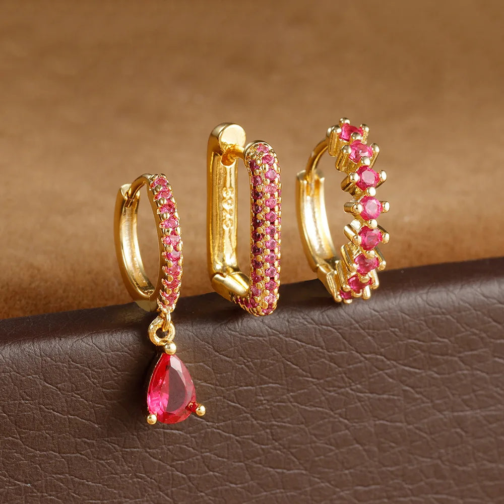 3PCS Stainless Steel Horse Eye Zircon Round Small Hoop Earrings Set