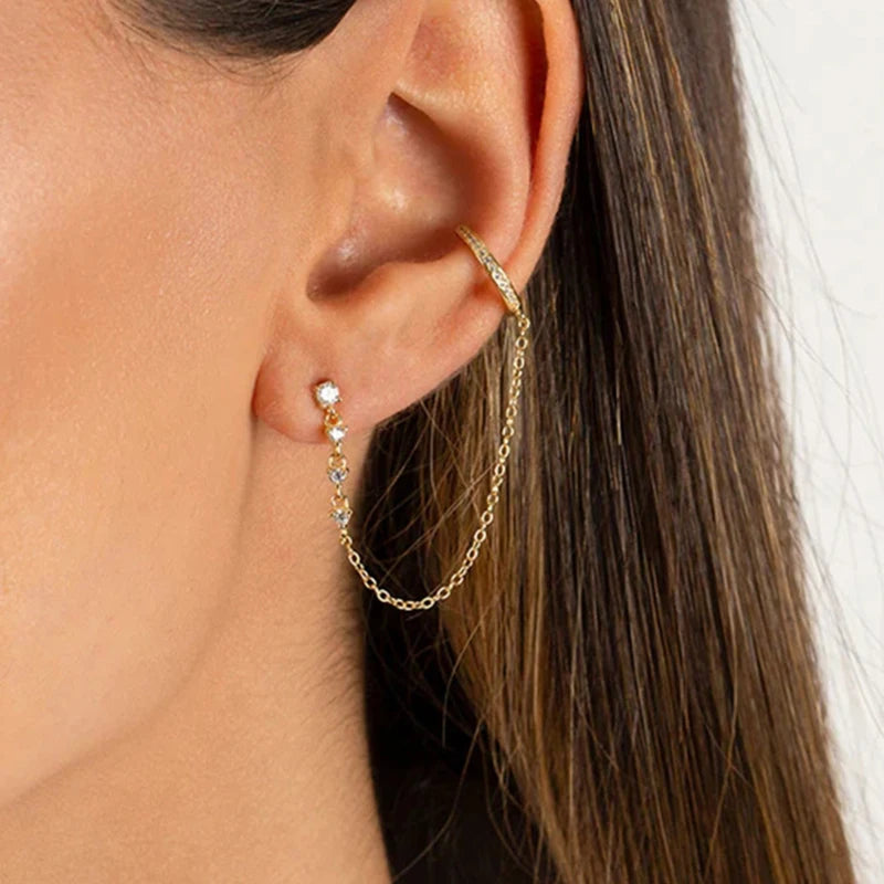 1PC Simple Stainless Steel Gold Colour Chain Tassel Zircon Stud